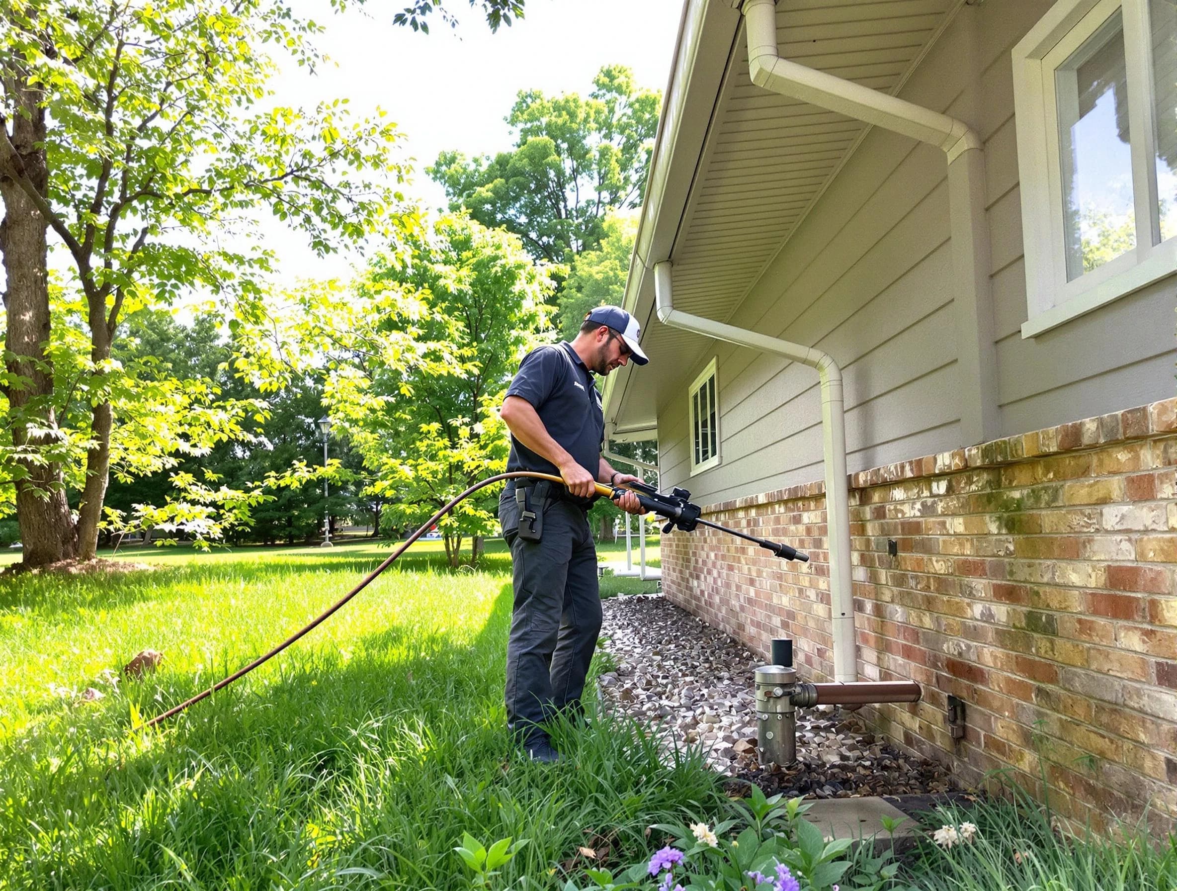 Mentor Roofing Company removing debris from a downspout in Mentor, OH