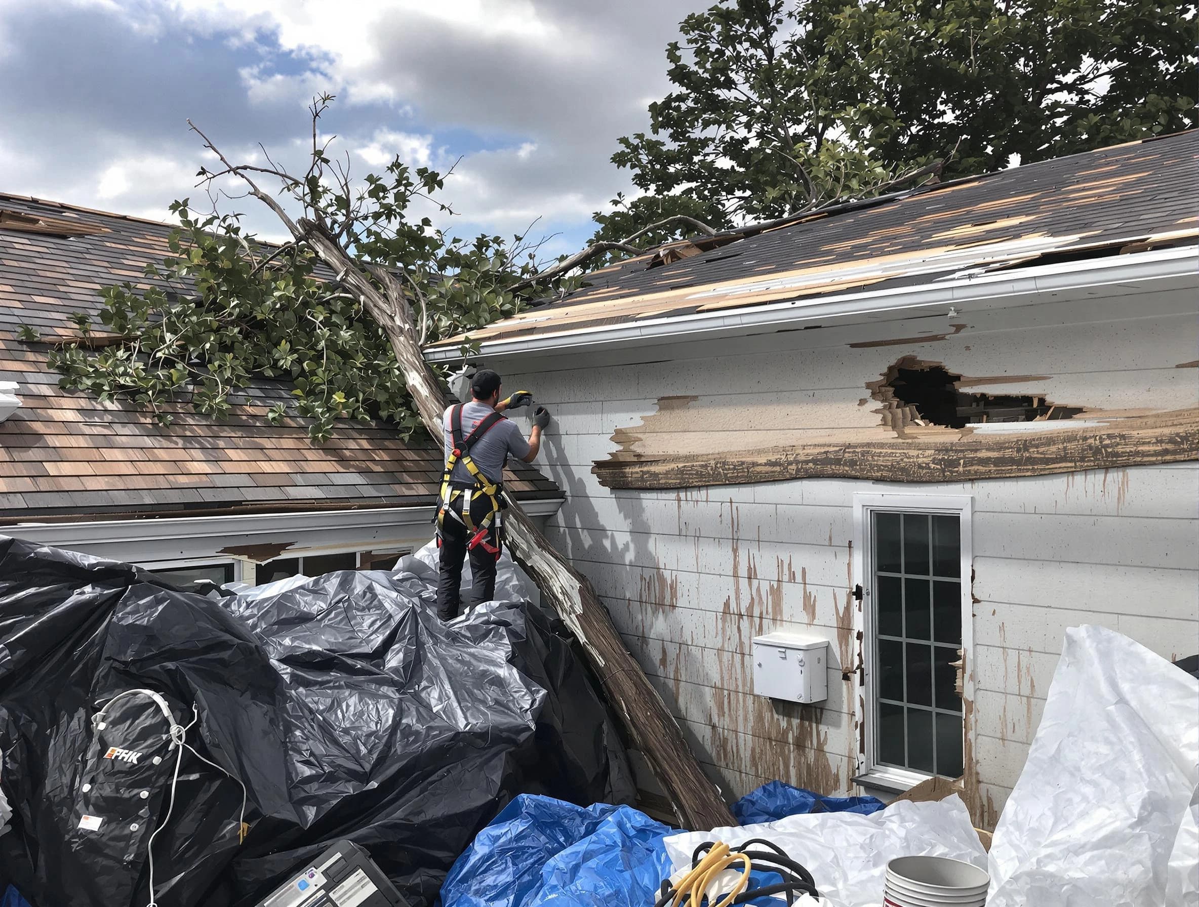 Mentor Roofing Company technicians handling urgent roof damage in Mentor, OH