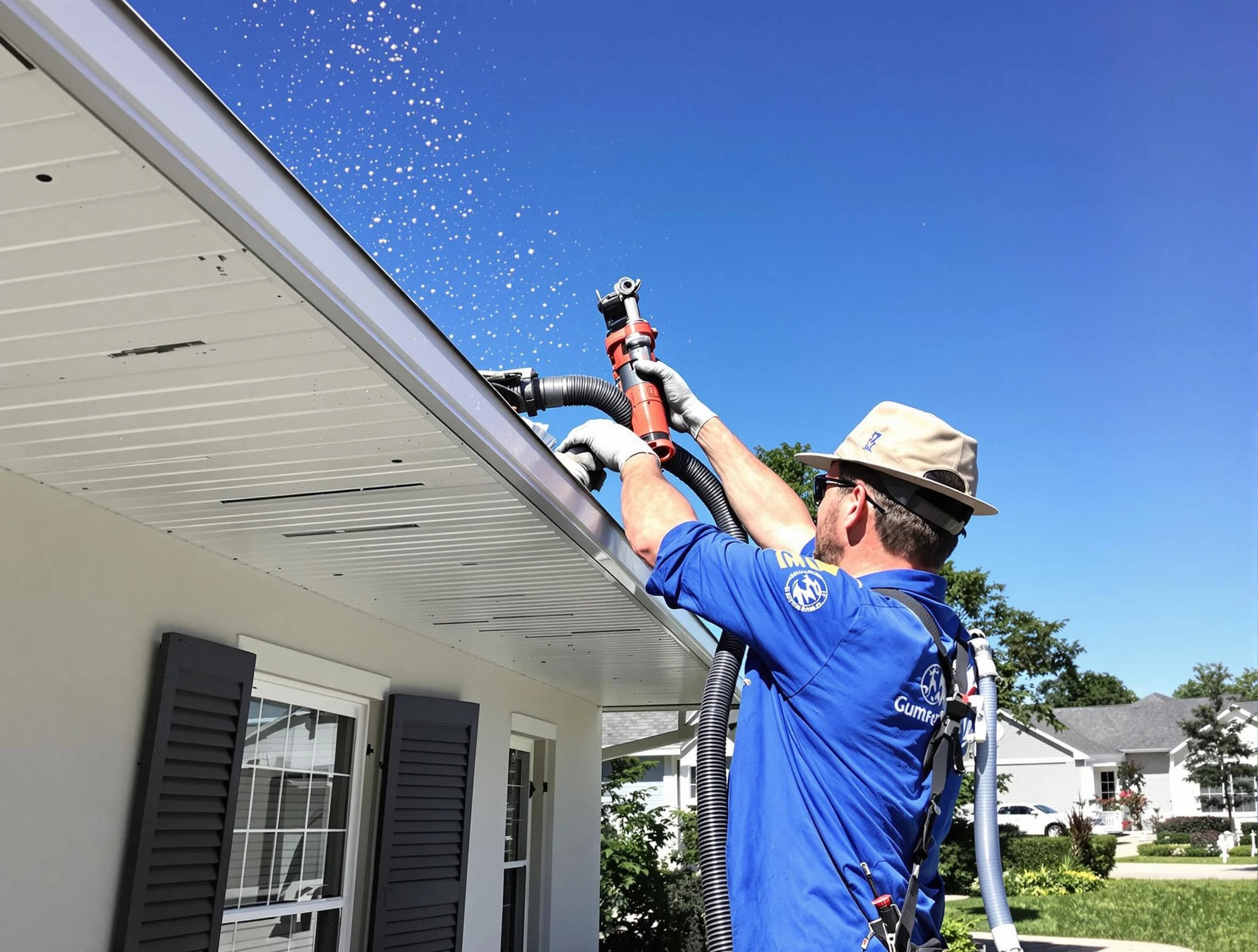 Technician completing a gutter cleaning project by Mentor Roofing Company in Mentor, OH